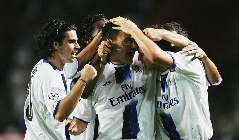 Terry celebrating his first goal in the Champions League against Paris Saint-Germain in 2004.