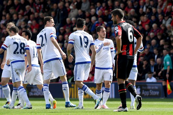 The team celebrating Hazard's goal.