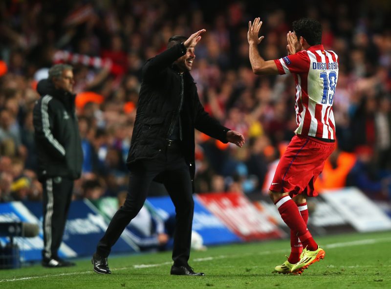 LONDON, ENGLAND - APRIL 30:  Diego Costa (R) of Club Atletico de Madrid celebrates his goal with Diego Simeone, coach of Club Atletico de Madrid during the UEFA Champions League semi-final second leg match between Chelsea and Club Atletico de Madrid at Stamford Bridge on April 30, 2014 in London, England.  (Photo by Clive Rose/Getty Images)