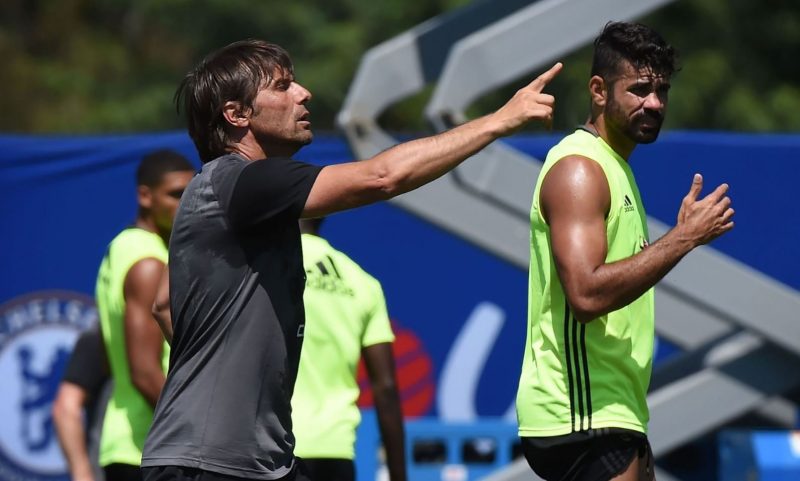 Antonio Conte and Diego Costa in Chelsea training.