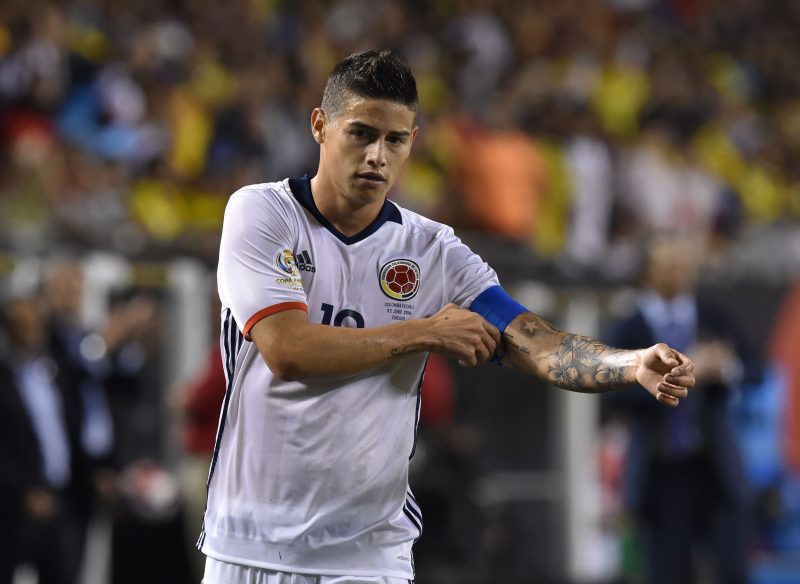 Colombia's James Rodriguez gestures during the Copa America Centenario semifinal football match in Chicago, Illinois, United States, on June 22, 2016. / AFP / Nicholas Kamm (Photo credit should read NICHOLAS KAMM/AFP/Getty Images)