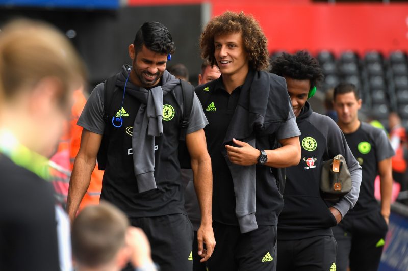 SWANSEA, WALES - SEPTEMBER 11:  David Luiz and Diego Costa of Chelsea arrive prior to the Premier League match between Swansea City and Chelsea at Liberty Stadium on September 11, 2016 in Swansea, Wales.  (Photo by Stu Forster/Getty Images)
