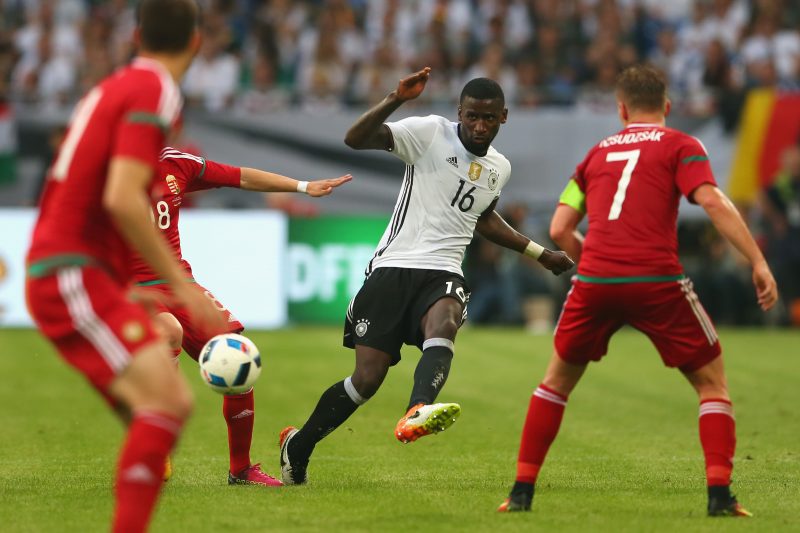 GELSENKIRCHEN, GERMANY - JUNE 04:  Antonio Ruediger of Germany battles for the ball during the international friendly match between Germany and Hungary at Veltins-Arena on June 4, 2016 in Gelsenkirchen, Germany.  (Photo by Alexander Hassenstein/Bongarts/Getty Images)