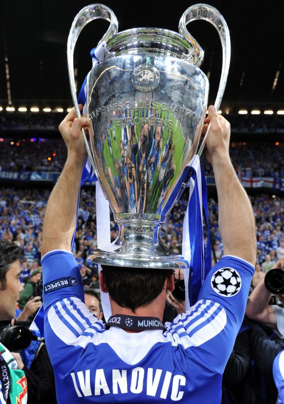 Chelsea's Serbian defender Branislav Ivanovic holds the trophy after the UEFA Champions League final football match between FC Bayern Muenchen and Chelsea FC on May 19, 2012 at the Fussball Arena stadium in Munich. Munich won the match. AFP PHOTO / PATRIK STOLLARZ (Photo credit should read PATRIK STOLLARZ/AFP/GettyImages)