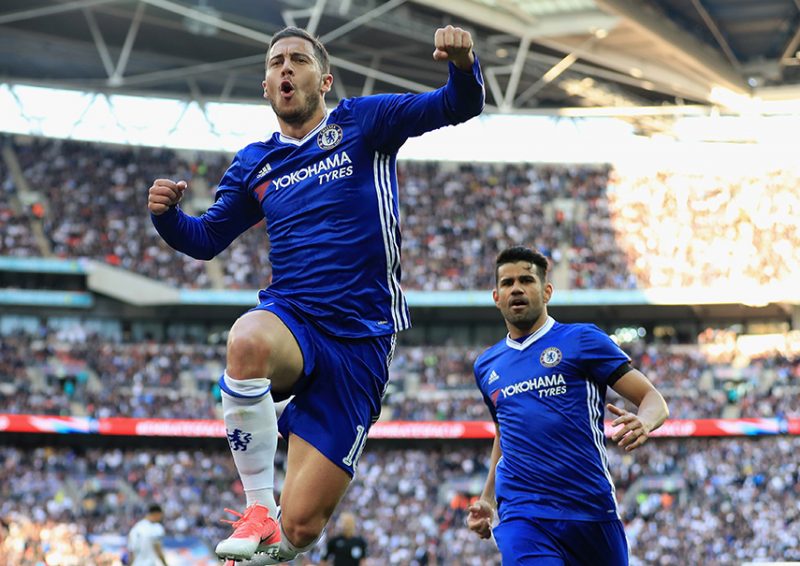 Eden Hazard celebrating his goal against Tottenham last Saturday.