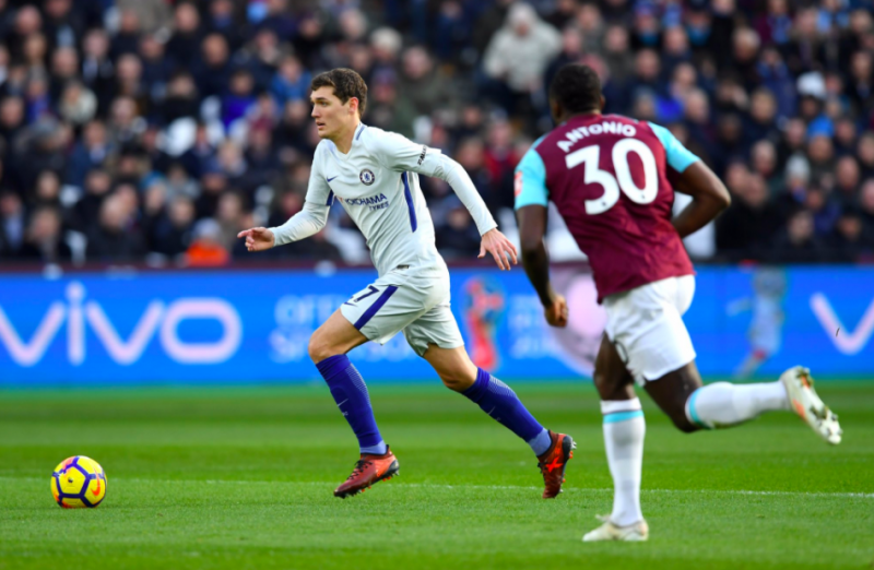 Andreas Christensen on the ball against West Ham.