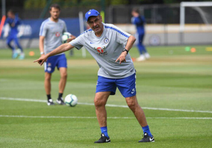 Maurizio Sarri takes his Chelsea players through drills in pre-season training