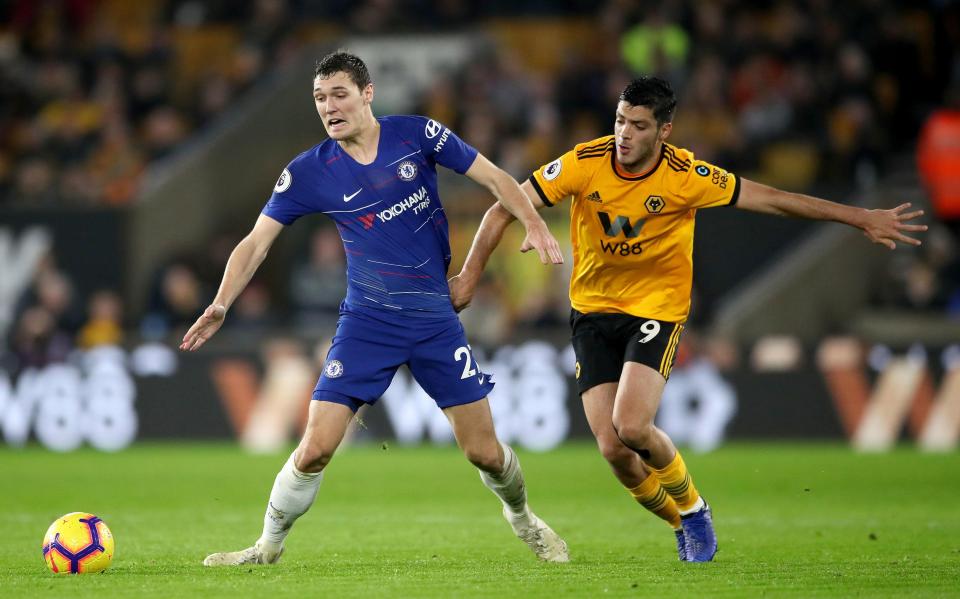 Andreas Christensen taking on Wolves.