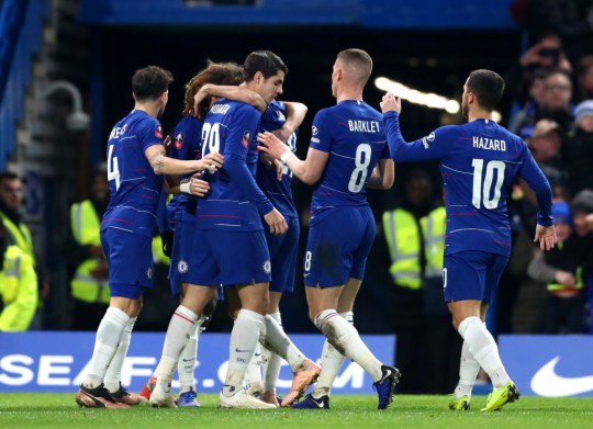 Alvaro Morata Eden Hazard Ross Barkley Cesc Fabregas celebrate Chelsea goal