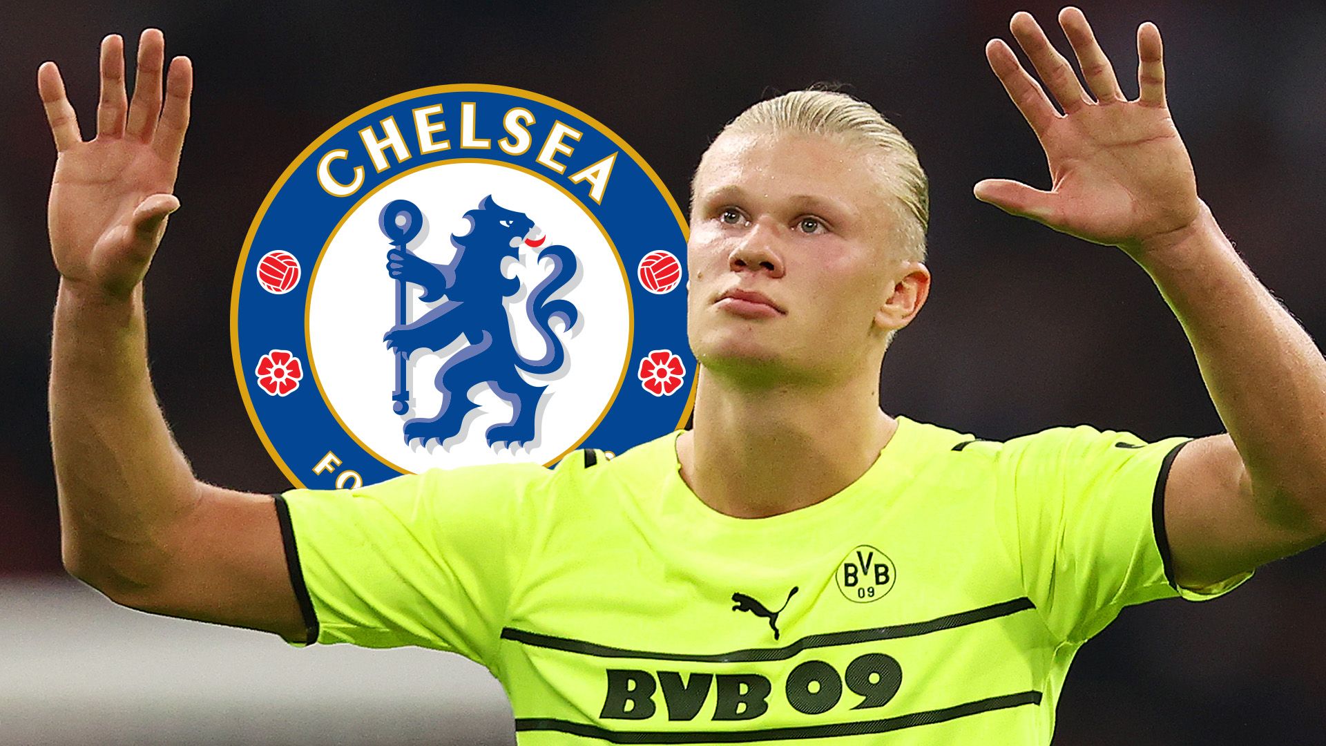 Erling Haaland playing for Dortmund with a Chelsea logo.