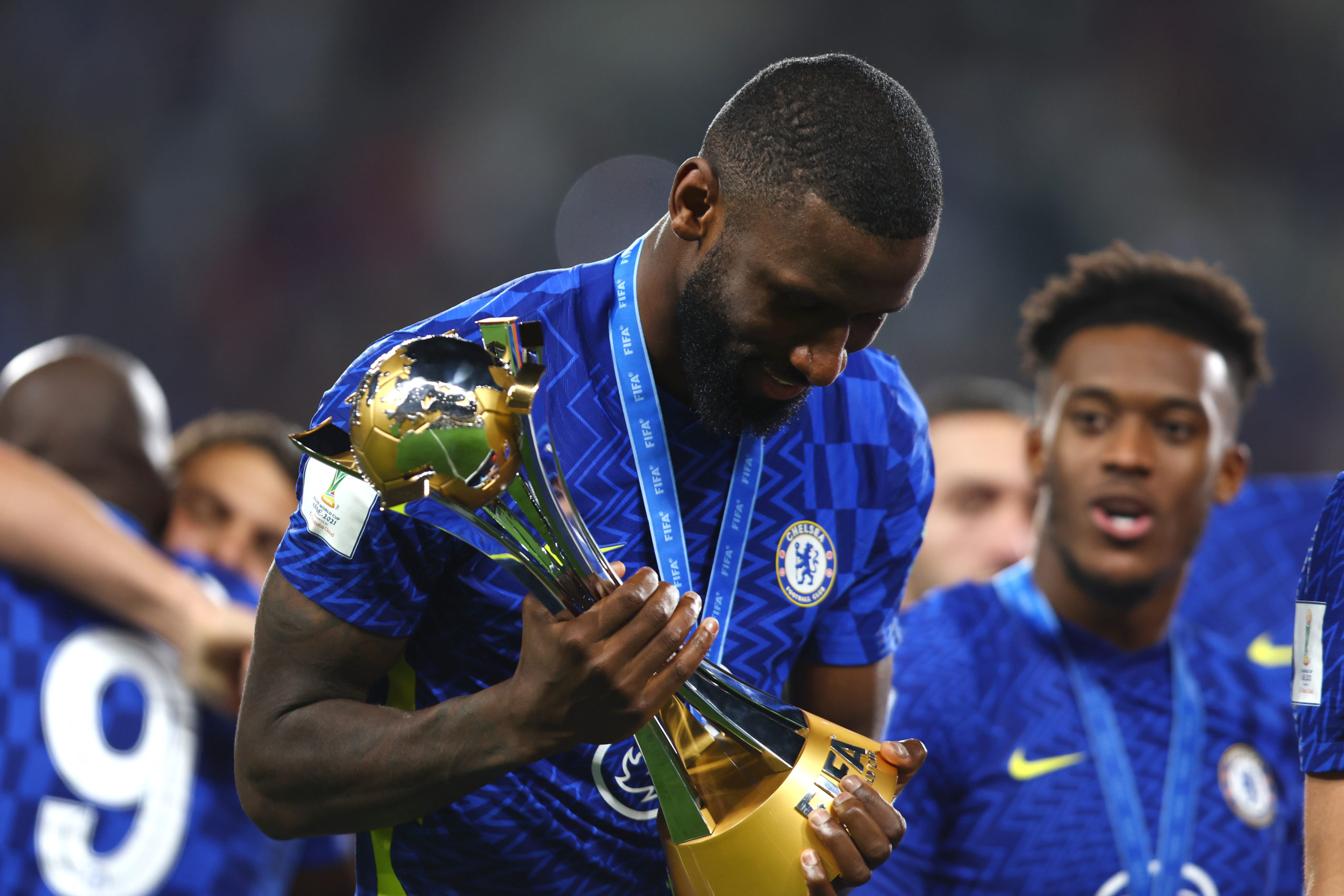 Antonio Rudiger with the Club World Cup at Chelsea.