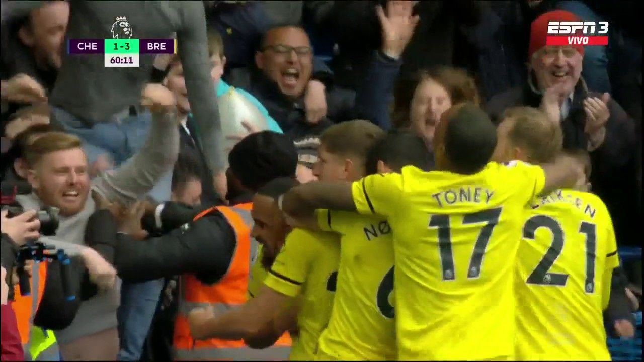 Brentford celebrate a goal away at Stamford Bridge in April 2022.