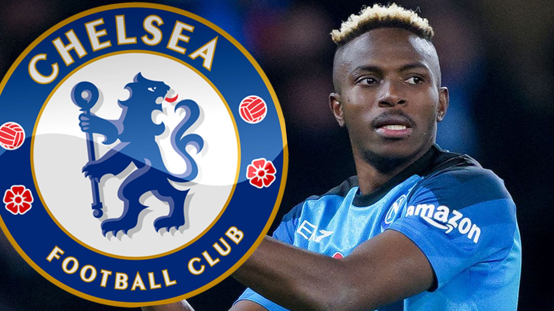 Victor Osimhen alongside the Chelsea badge