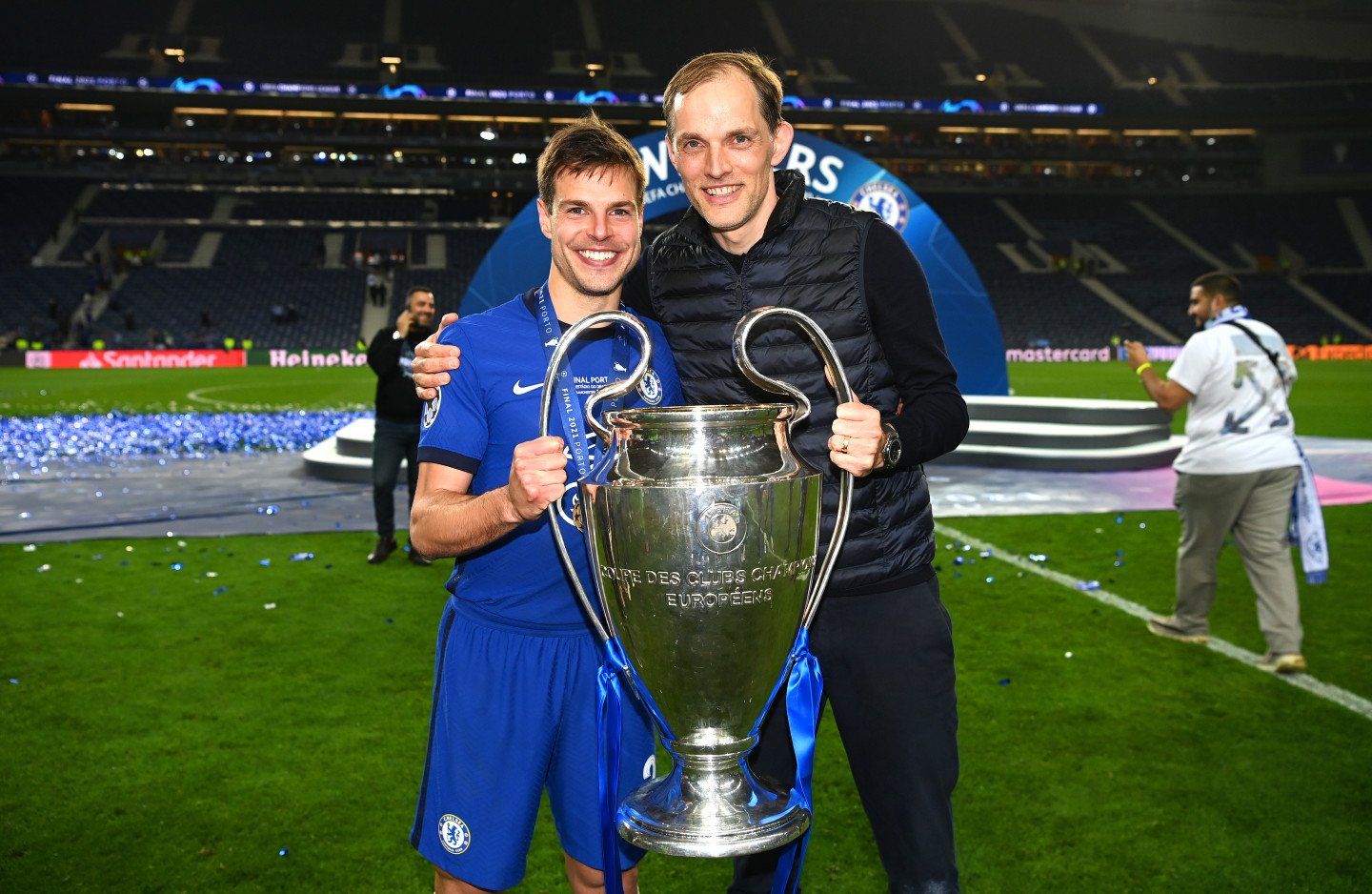 Thomas Tuchel and Cesar Azpilicueta with the Champions League trophy.