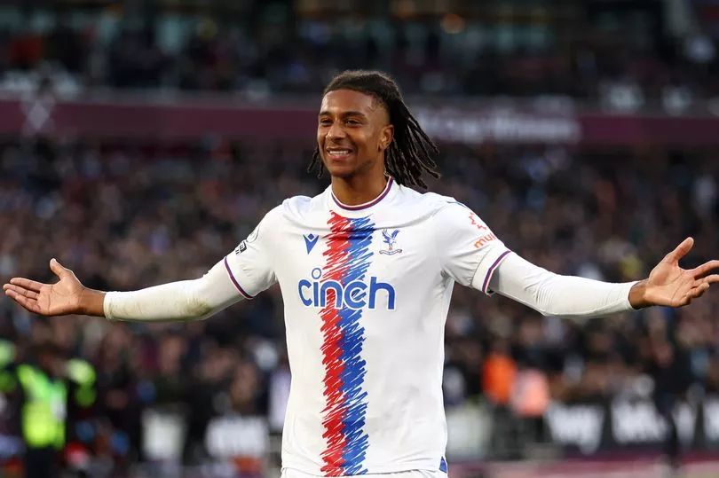Micheal Olise celebrates a goal for Crystal Palace.