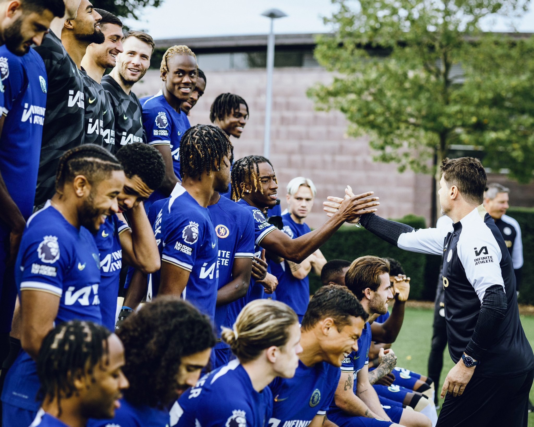 Raheem Sterling Mauricio Pochettino Noni Madueke Conor Gallagher Thiago Silva Marc Cucurella Christopher Nkunku Wesley Fofana Ben Chilwell Carney Chukwuemeka Trevoh Chalobah Robert Sanchez Armando Broja in Chelsea photoshoot Raheem Sterling Mauricio Pochettino Noni Madueke Conor Gallagher Thiago Silva Marc Cucurella Christopher Nkunku Wesley Fofana Ben Chilwell Carney Chukwuemeka Trevoh Chalobah Robert Sanchez Armando Broja in Chelsea photoshoot