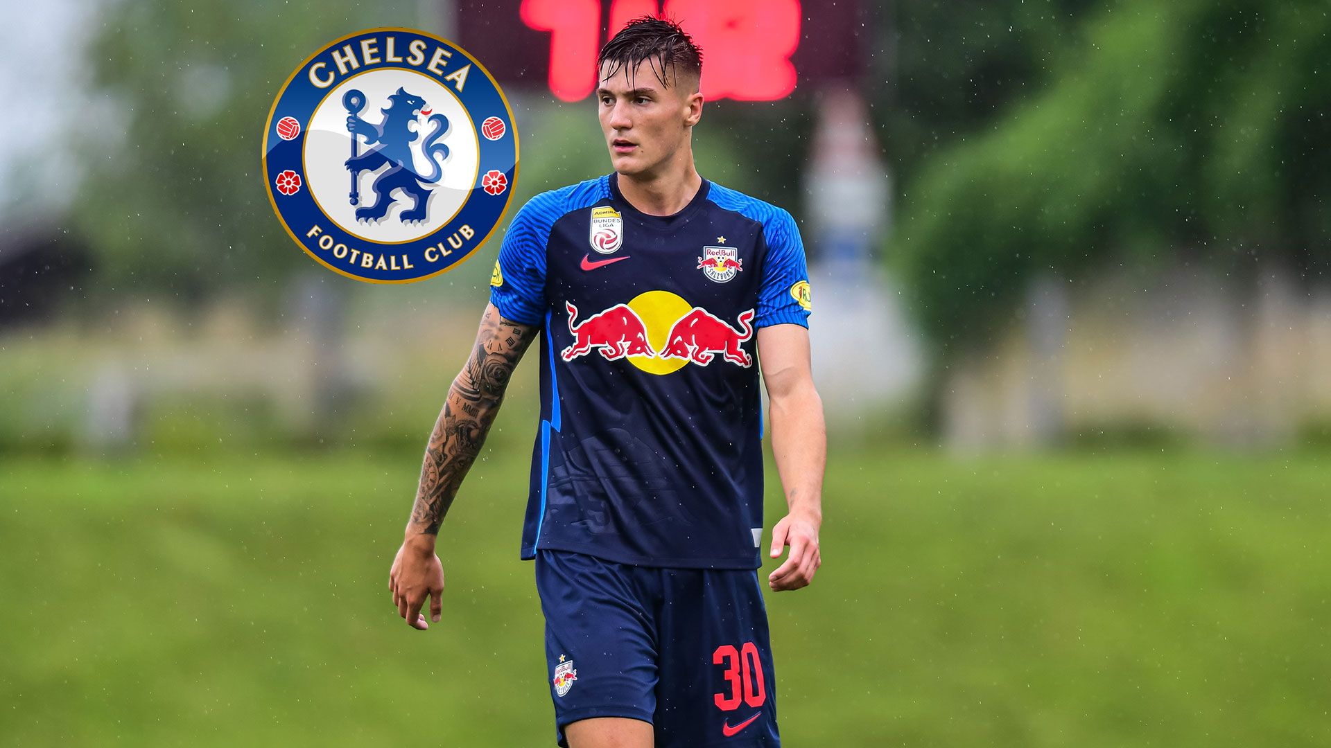 Benjamin Sesko with a Chelsea logo.