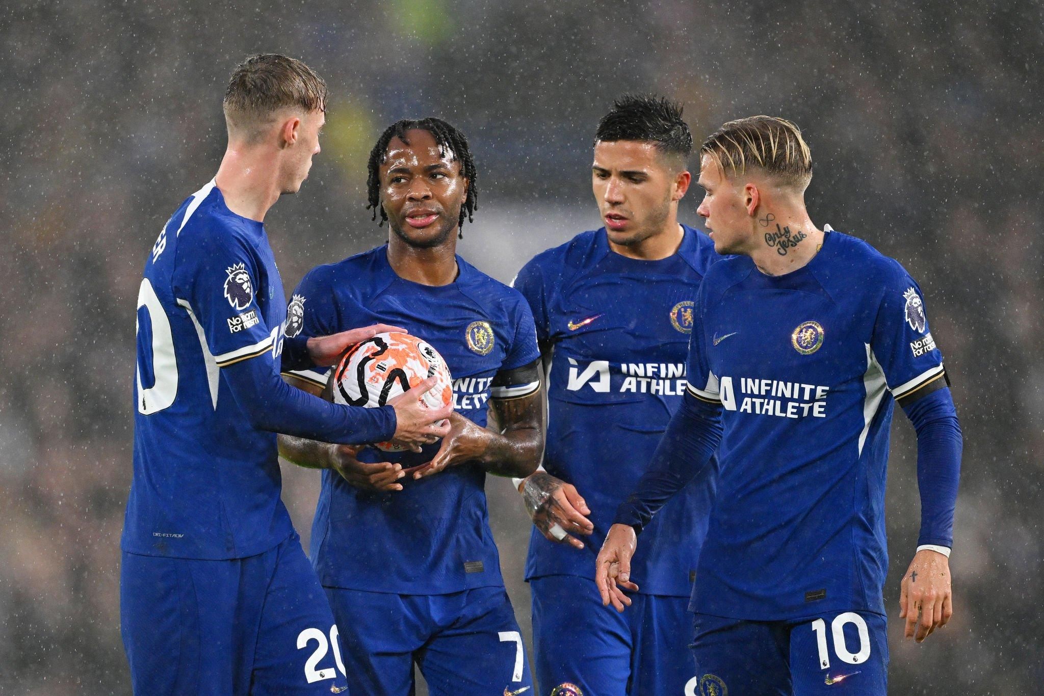 Cole Palmer and Raheem Sterling argue over a penalty. Cole Palmer and Raheem Sterling argue over a penalty.