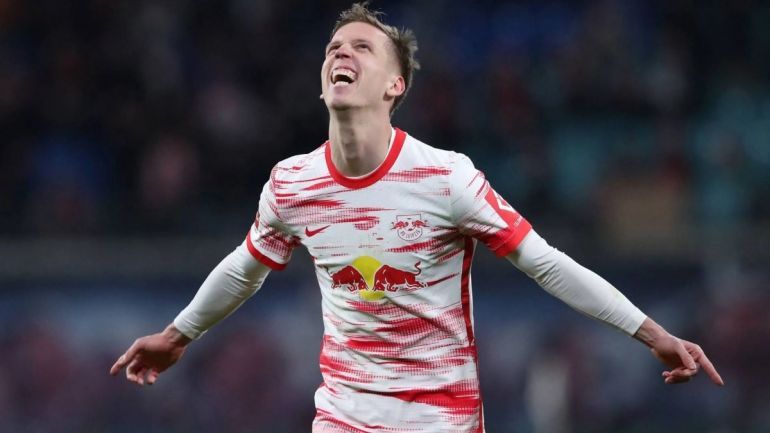 Dani Olmo celebrates a goal for Leipzig