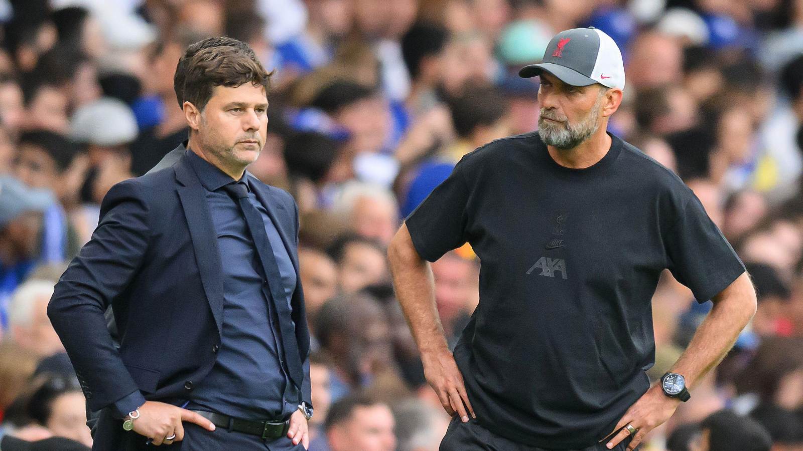Mauricio Pochettino on the touchline with Jurgen Klopp.