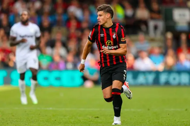 Milos Kerkez playing for Bournemouth.
