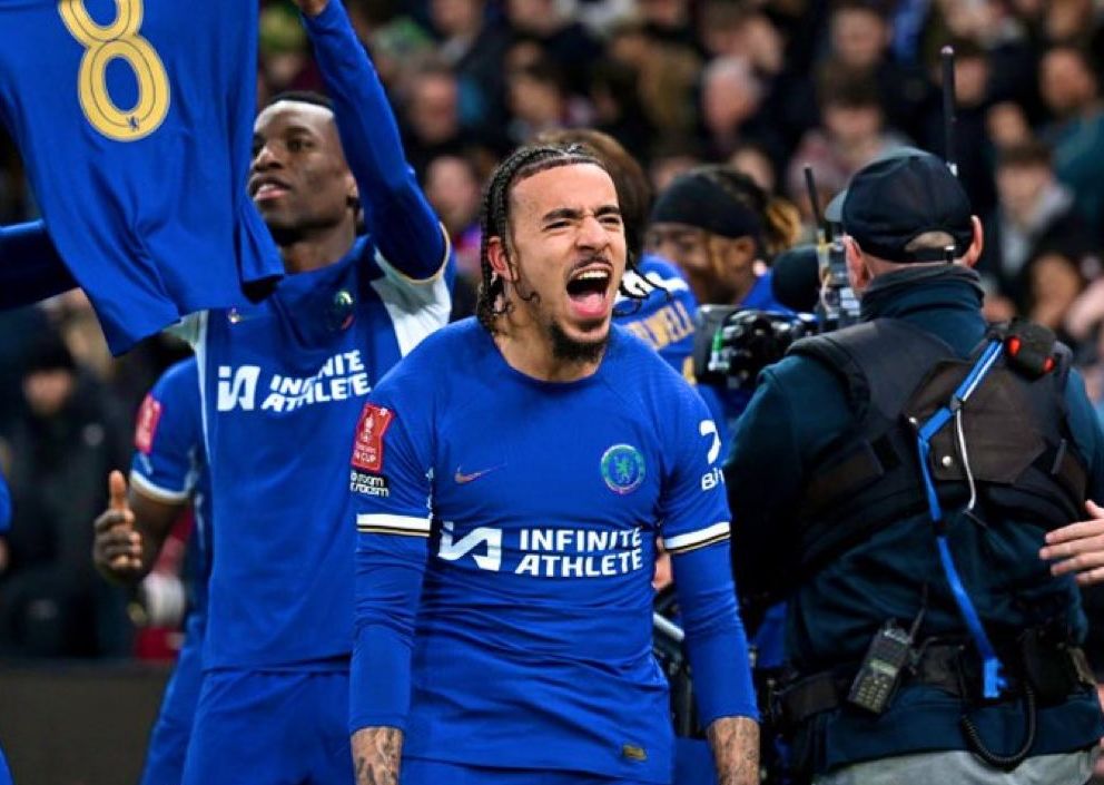 Malo Gusto celebrates Chelsea goal.