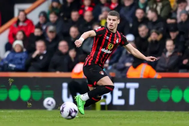 Milos Kerkez playing for Bournemouth.