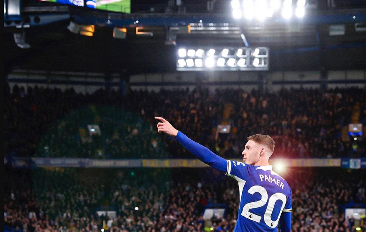 Cole Palmer celebrates after his hat-trick against Everton.
