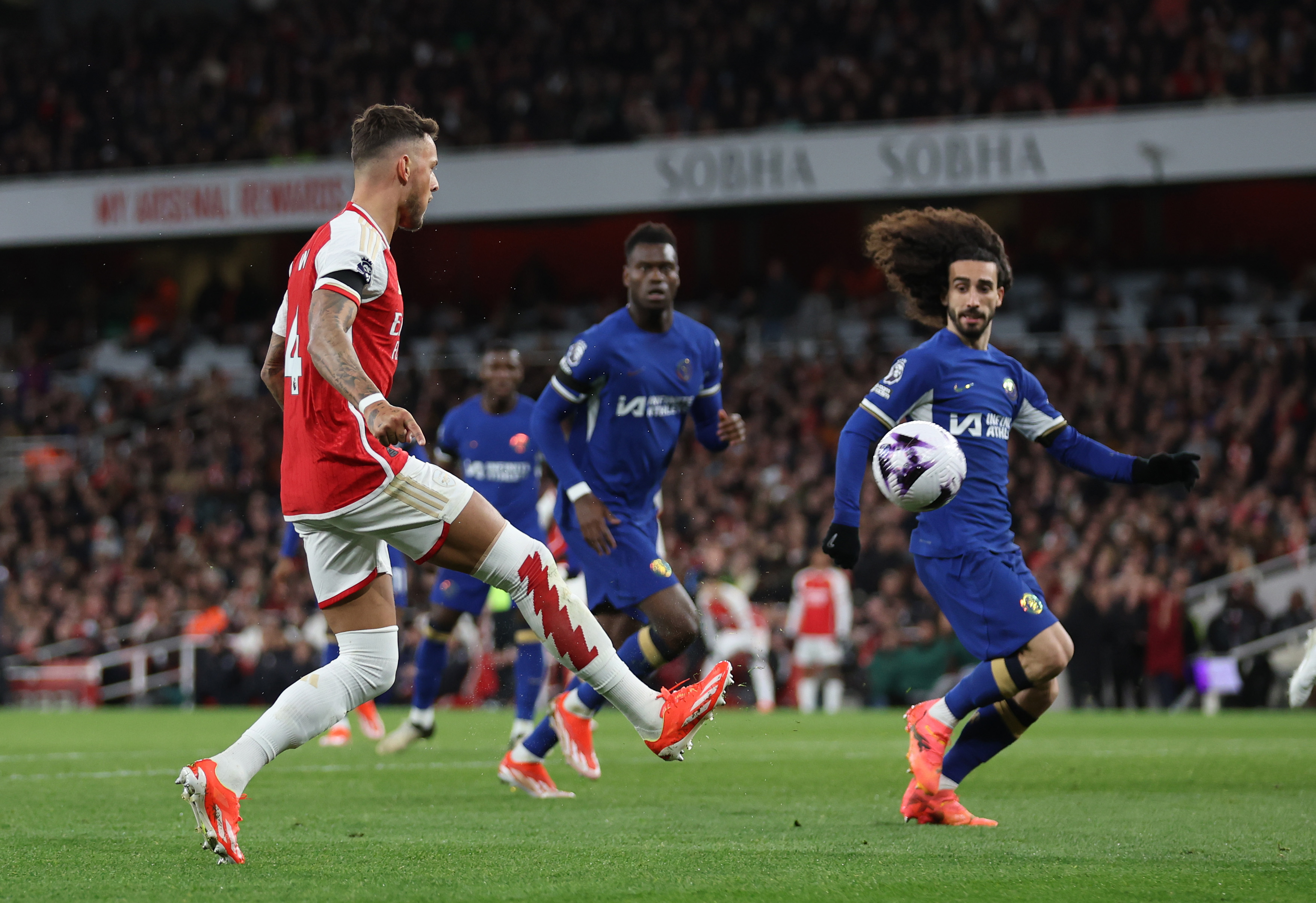 Marc Cucurella and Benoit Badiashile can only watch on as Ben White scores for Arsenal