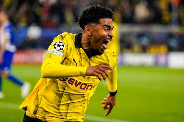 Ian Maatsen celebrates scoring against Atletico Madrid