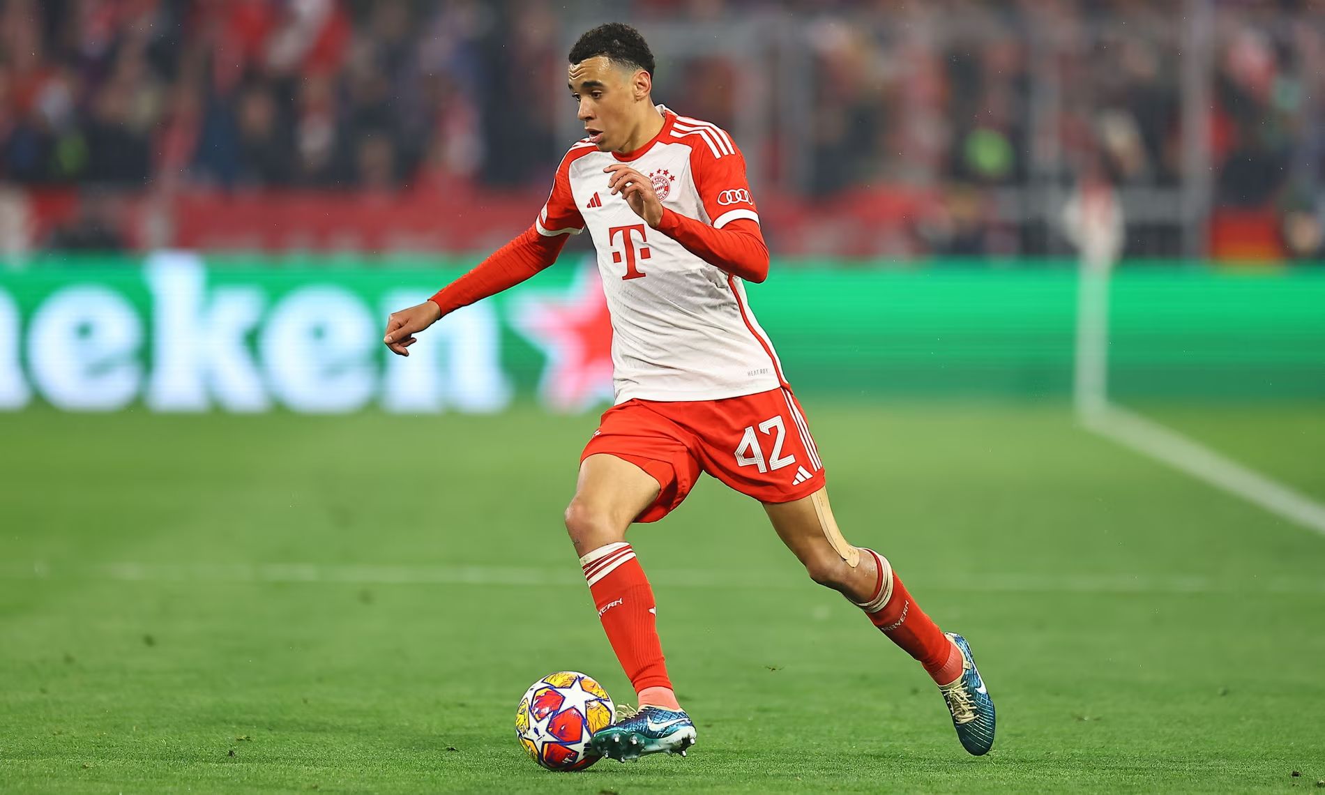 Jamal Musiala slices through a Champions League midfield.