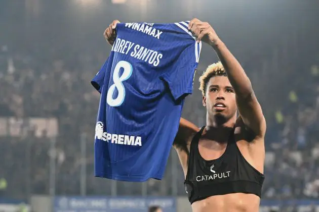 Andrey Santos celebrates scoring for Strasbourg.