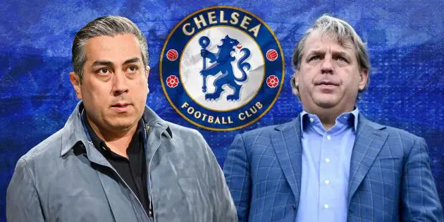 Behdad Eghbali and Todd Boehly with the Chelsea logo.