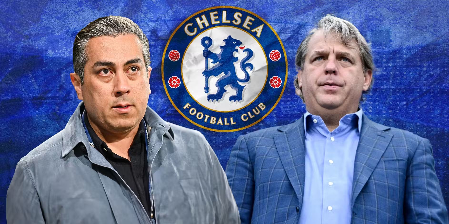 Behdad Eghbali and Todd Boehly with the Chelsea logo.