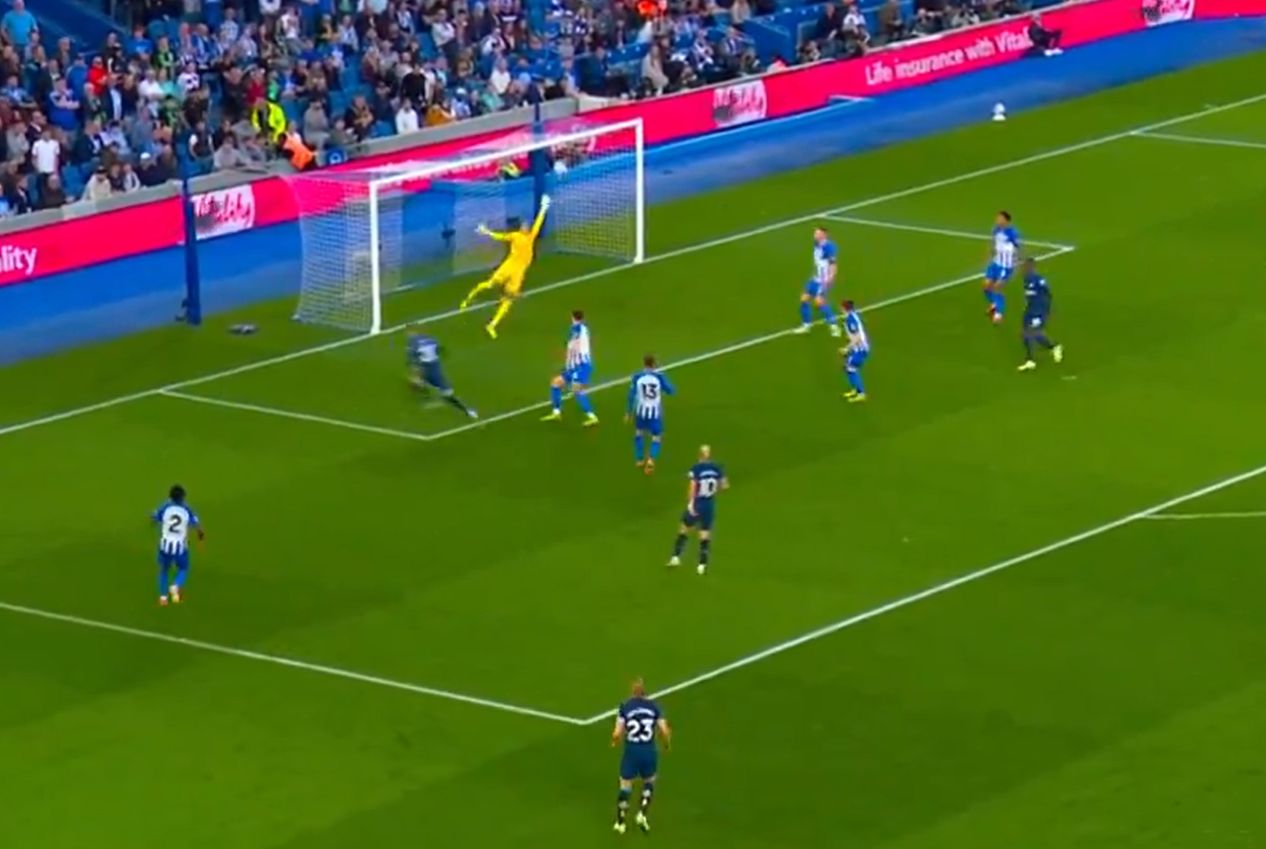 Cole Palmer scores a header against Brighton.