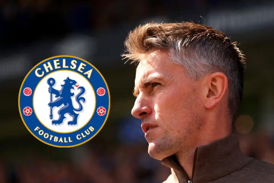 Kieran McKenna with the Chelsea logo.