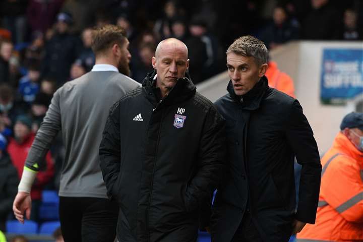 Martyn Pert and Kieran McKenna on the touchline for Ipswich.