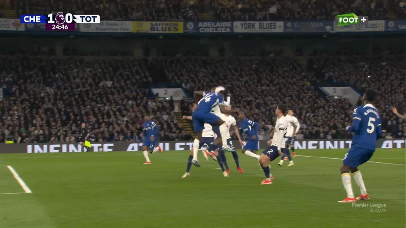Trevoh Chalobah scores a header against Tottenham.