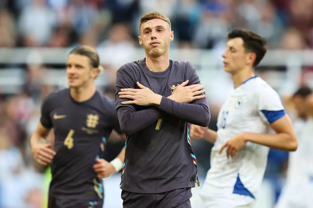 Cole Palmer celebrates scoring for England.