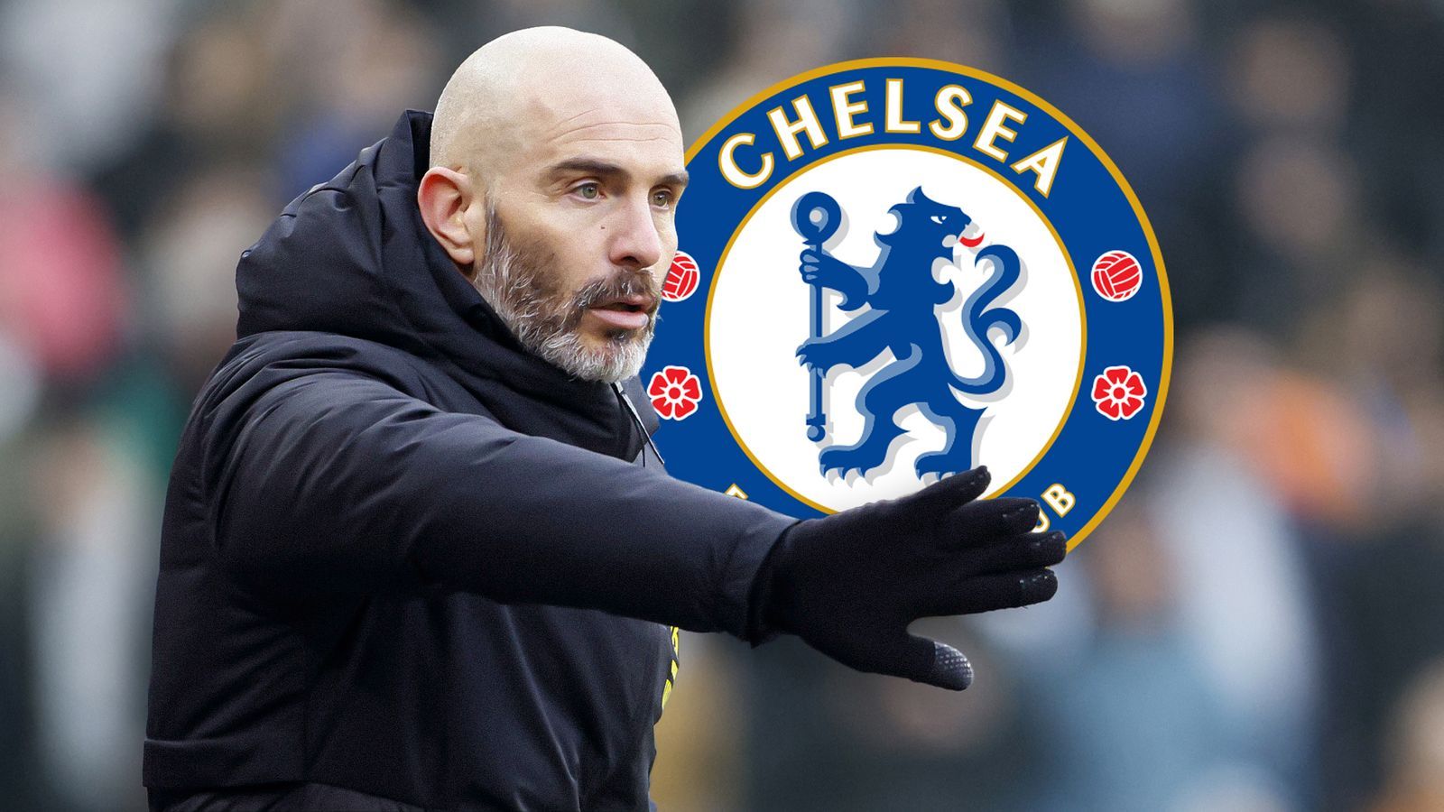 Enzo Maresca with the Chelsea logo.