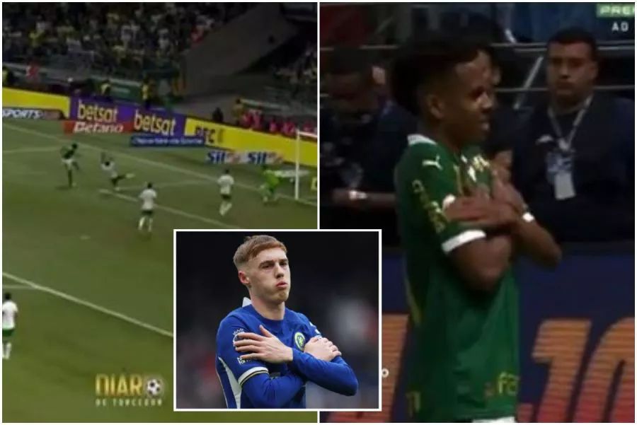 Estevao Willian celebrates like Cole Palmer. Estevao Willian celebrates like Cole Palmer.
