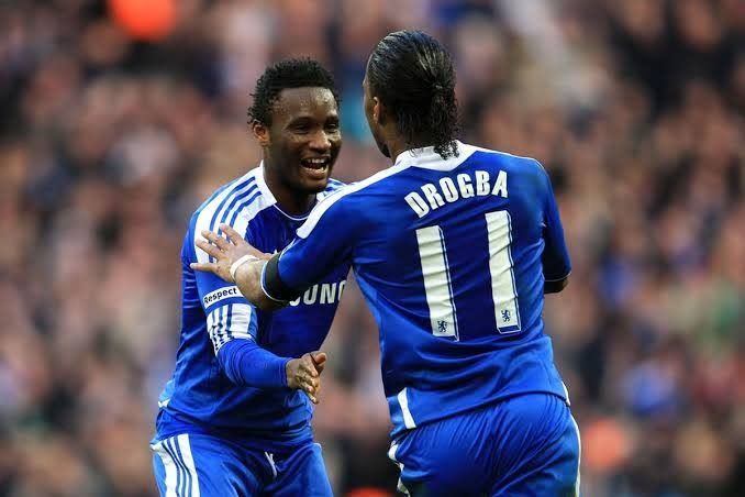 Jon Obi Mikel and Didier Drogba celebrate in the 2012 Champions League final.