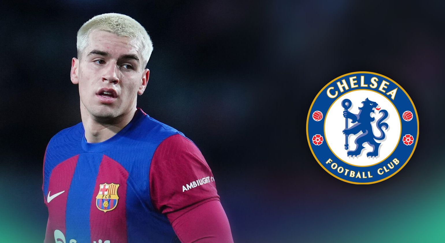 Marc Guiu with a Chelsea logo.