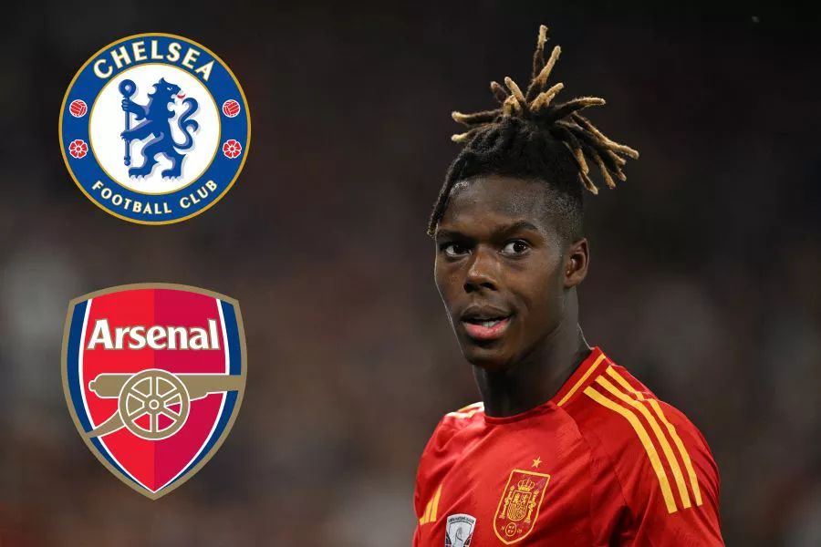 Nico Williams with Chelsea and Arsenal logos. Nico Williams with Chelsea and Arsenal logos.
