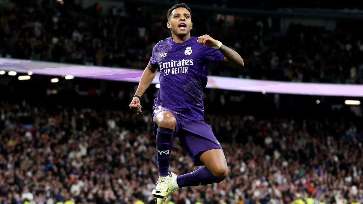 Rodrygo Goes celebrates for Real Madrid.