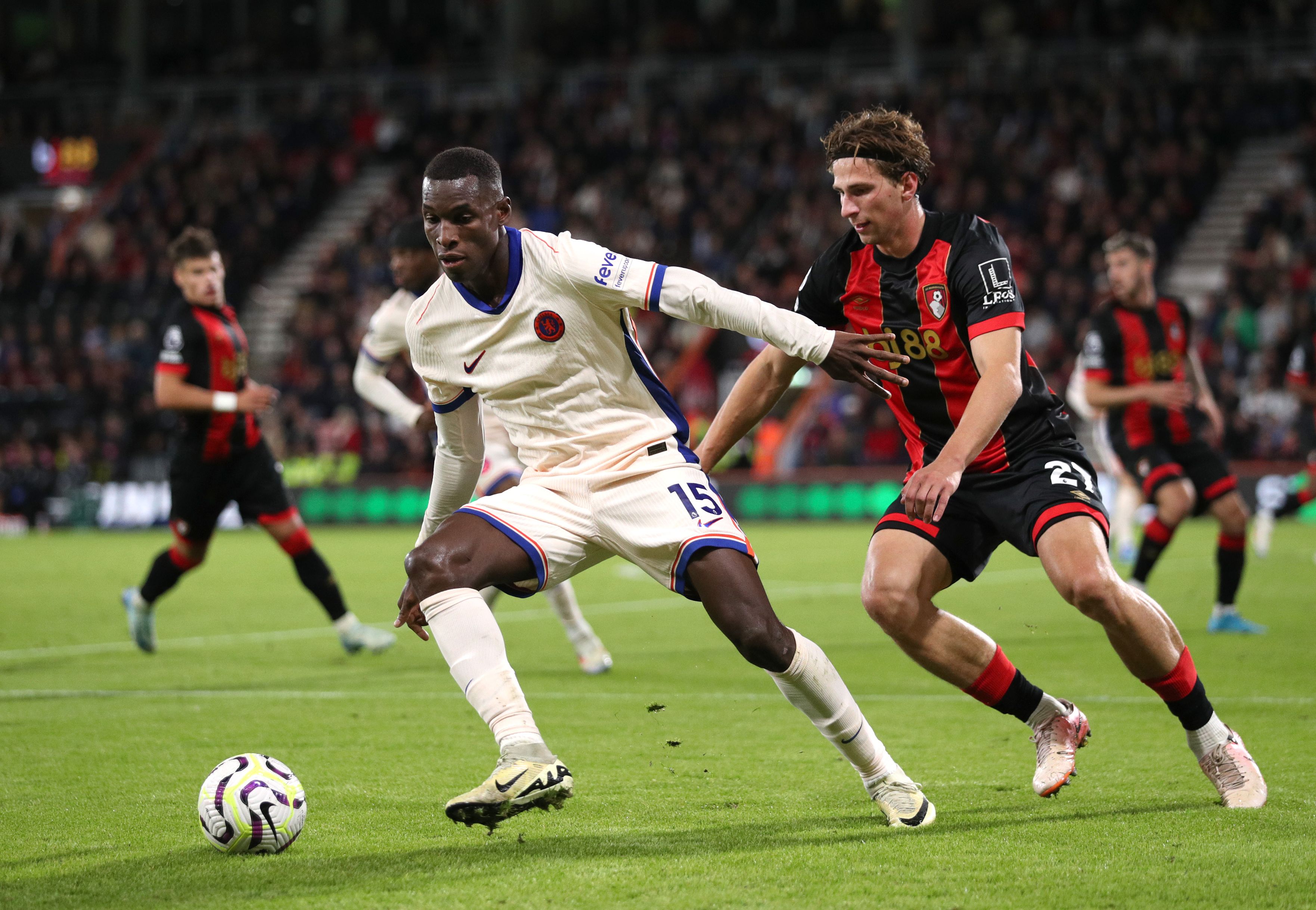 Nicolas Jackson holds off a Bournemouth defender. (Photo by Ryan Hiscott/Getty Images)