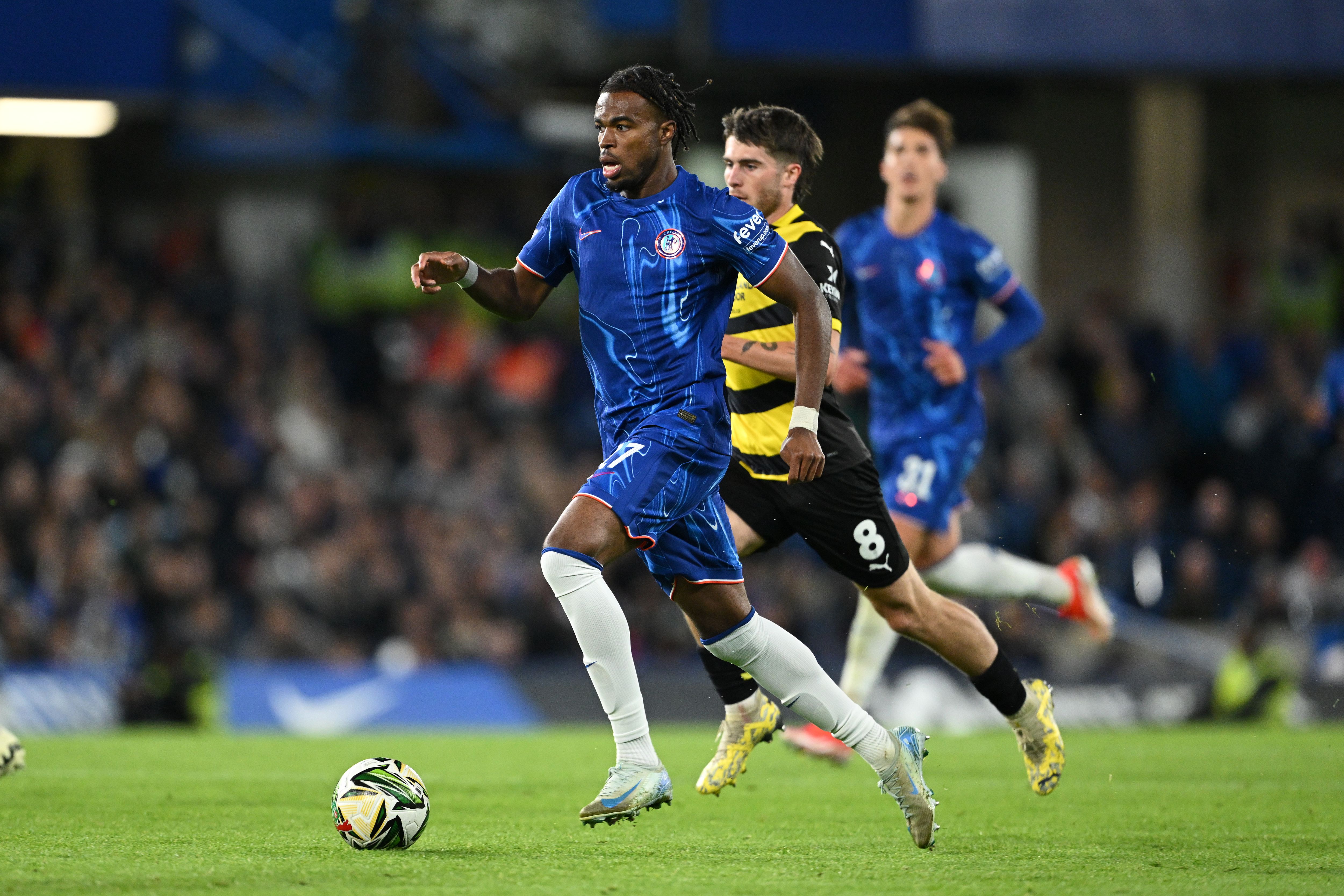 Carney Chukwuemeka surges through midfield. (Photo by Mike Hewitt/Getty Images)