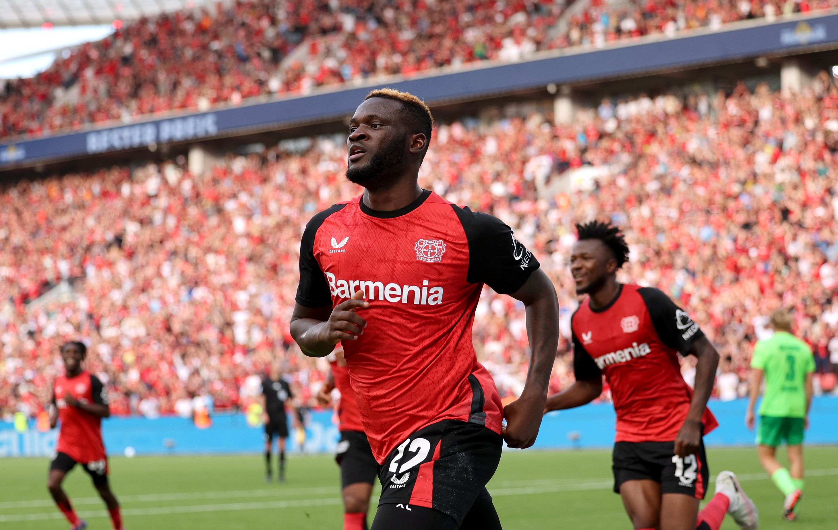 Victor Boniface scores for Bayer Leverkusen. (Photo by Leon Kuegeler/Getty Images)