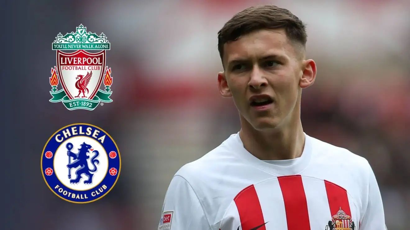 Sunderland starlet Chris Rigg with Liverpool and Chelsea logos.