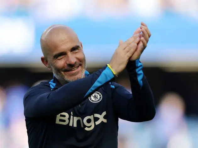 Enzo Maresca applauds Chelsea supporters. (Photo by Eddie Keogh/Getty Images)